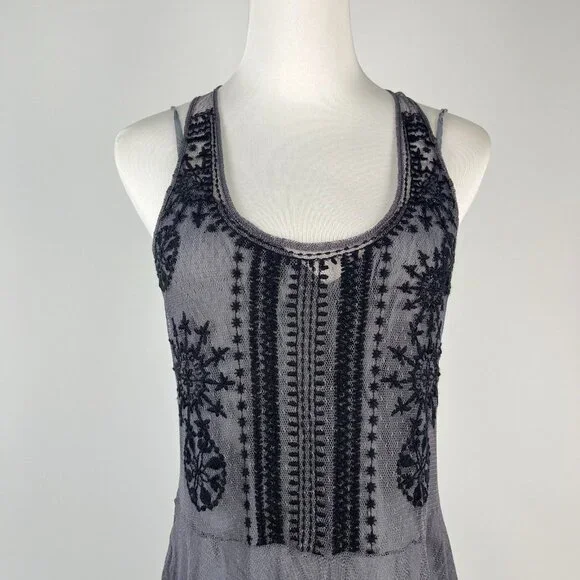 NWOT Johnny Was Biya Floral Mesh Embroidered Irregular Midi Dress Grey Size S - Picture 3 of 12